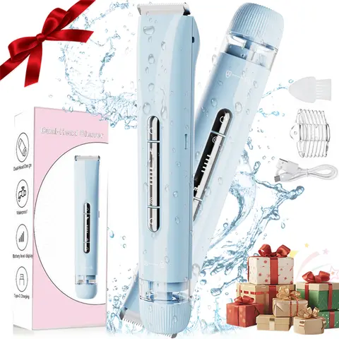 Women's 2-in-1 Electric Bikini Trimmer - Egg-Skin Safe Ceramic Blade, 400mAh Rechargeable, IPX7 Waterproof Cordless Shaver, USB Fast Charging, Dual Heads, Lightweight, Wet-Dry Use, Face & Bikini Area Hair Removal, Easy to Clean, Beauty Gift for Friends