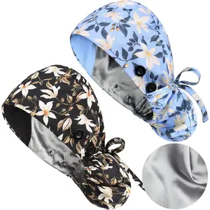 2 Pack Comfortable Satin Lined Scrub Hats with Buttons for Women Staff