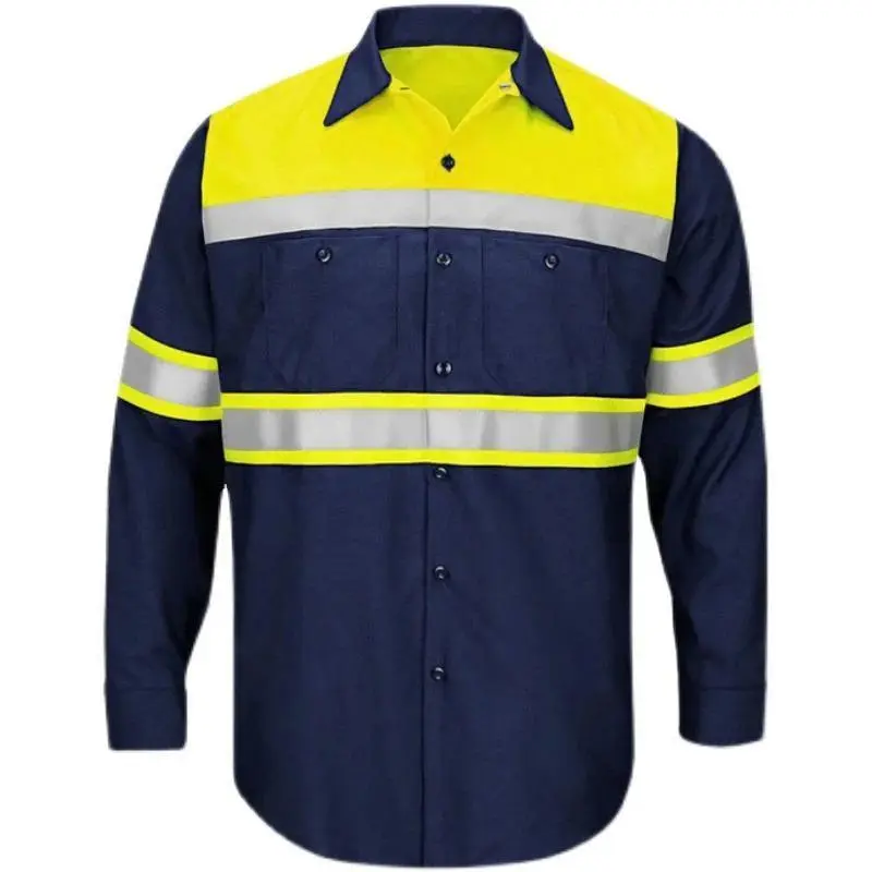 Two Tone Long Sleeve Safety Work Shirt Reflective Workwear 100% Cotton Yellow Navy with Hi Vis Tapes for Men Autumn Striped Uniforms