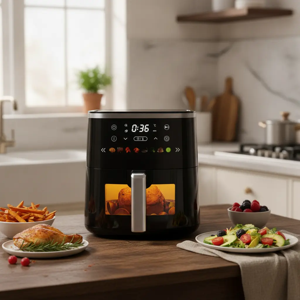 6QT Capacity Countertop Air Fryer - Kitchen Appliances, 8 Presets, Visible Window, Temperature Control, Timer, Easy-to-Clean ABS Plastic Design, Ideal for Home Use (Crispy Fries, Chicken), Great Christmas Gift, US Plug