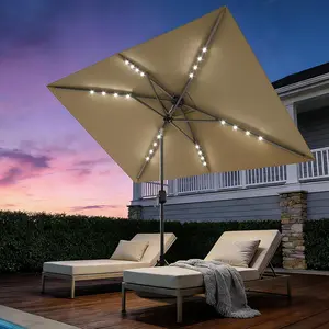 10 x 6.5 FT Rectangular Patio Umbrella with Lights Outdoor Table Umbrella with Crank and Push Button Tilt Market Umbrella with 6 Sturdy Ribs Tilt for Garden Deck Lawn Pool