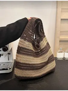 2026 New Handmade Crochet Women's Woven Tote Bag Retro Striped Strap Large Capacity Beach Vacation Must-Have Summer Eye-Catching Handbag