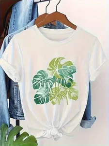 Wo White Tropical Leaf Print T-Shirt - Relaxed Fit Short Sleeve Crew Neck Tee with Palm and Monstera Design, H-Line Silhouette, Casual Beachwear and Everyday Summer Outfits, Breathable Loose Fit Top
