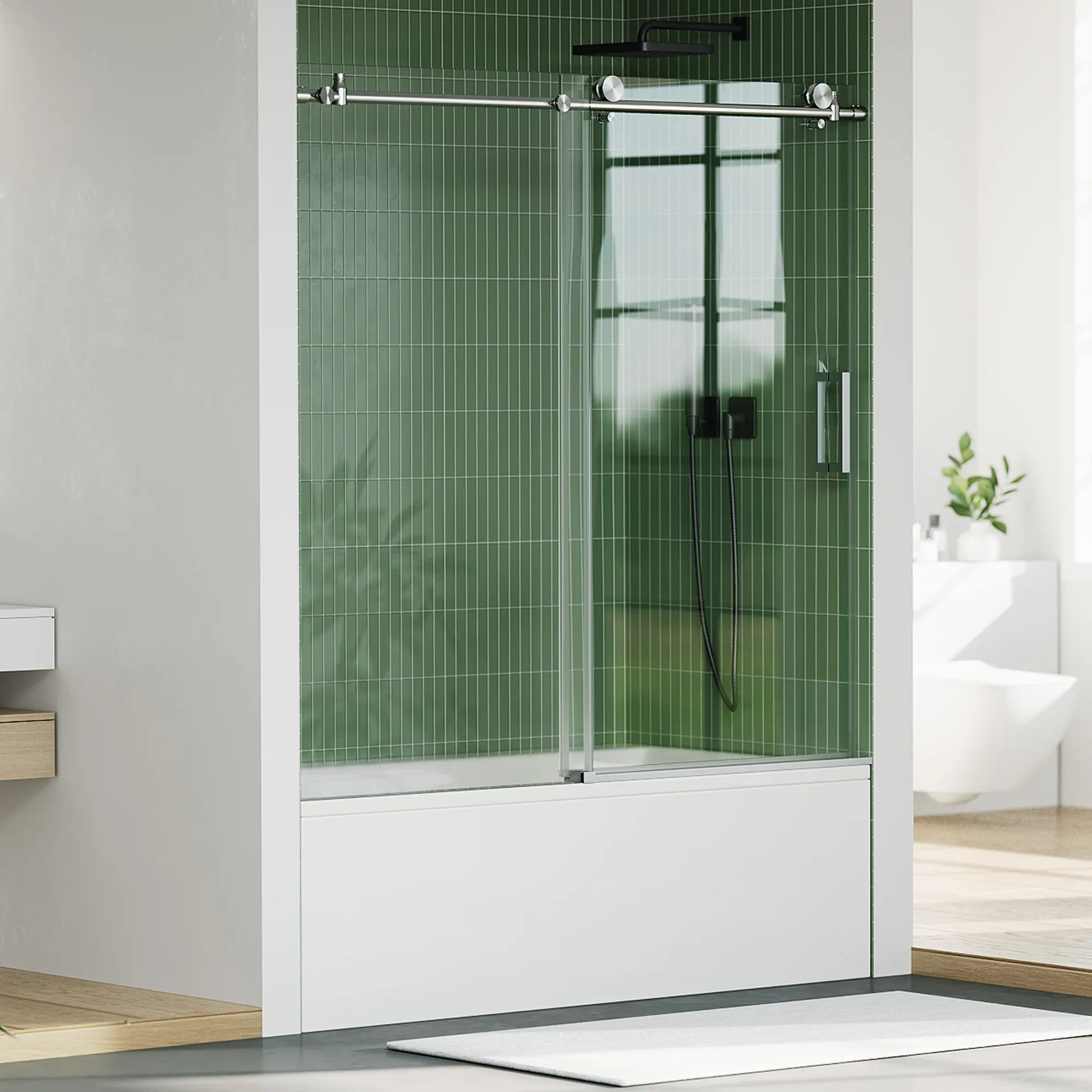 56-60" W x 76" H, 5/16"(8mm) Clear Tempered Glass Frameless Sliding Shower Door, Quiet Smooth Glide, Rustproof Hardware, Modern Minimalist Bathroom Shower Door