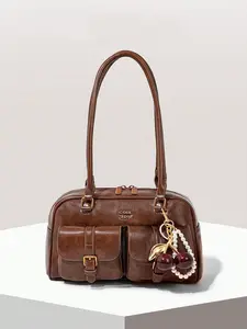 Retro texture cylindrical handbag with multiple pockets, flap pocket design, versatile casual shoulder bag, with pearl chain and cherry pendant design, can accommodate mobile phones and lipstick, Pu leather bag