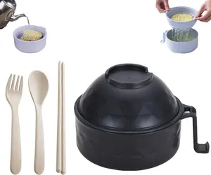 Microwave Ramen Cooker Set with Lid, Chopsticks, Spoon, Fork, Strainer - Portable Noodle Bowl Set for Dorm, Home, Office
