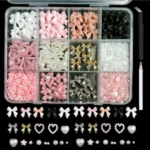 12 Grid Nail Art Decoration Set, Mixed Shapes with Pen & Tweezers, Shiny Accessories, Rhinestone Decorations for Women & Girls, Professional Manicure Supplies, DIY Nail Art