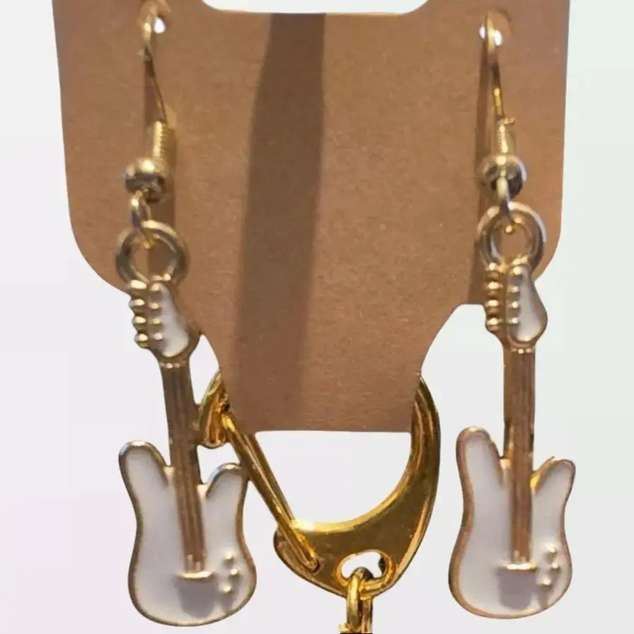 White and Gold Guitar Hook Earrings, with Keychain