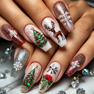 24 Pieces of Christmas Nails, Long Coffins, Fake Nails, Snowflakes,Snowmen, Reindeer, Christmas Tree Design, Winter Fake Nails, Full Coverage, Winter Sparkling French Pointed Nails, Shiny Acrylic Nails