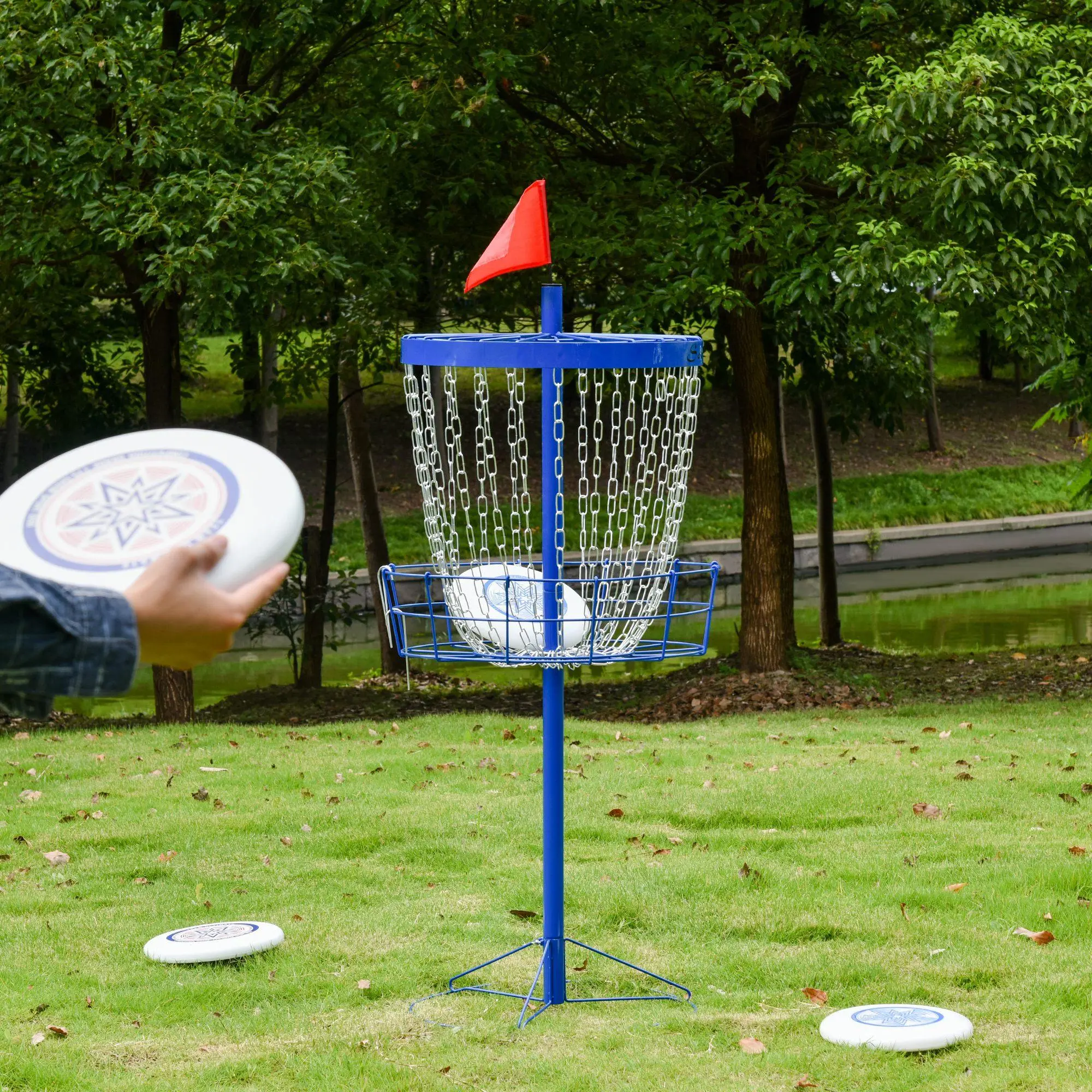 Portable Disc Golf Basket Target with 24-Chain Travel Bag Dark Blue Outdoor Ready Powder-Coated Steel Flag High Visibility Chains 24.75" Dia x 63.75" H