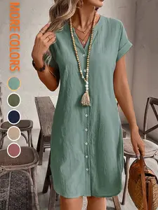 Women's Plain Notched Neck Batwing Sleeve Button Front Dress, Casual Short Sleeve Short Dress for Summer, Ladies Clothes for Daily Wear