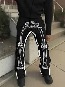 Men's Skull Leg Print Flare Pants, Casual Street Style, Streetwear, with Bone Pattern, Elastic Waistband, Polyester, Skeleton