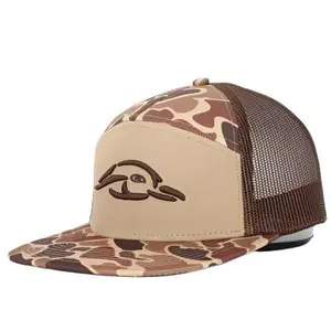 Men's 7-Panel Old School AFW Style Flat Bill Hat - 3D Puff Design, Adjustable Snapback, Brown Mesh