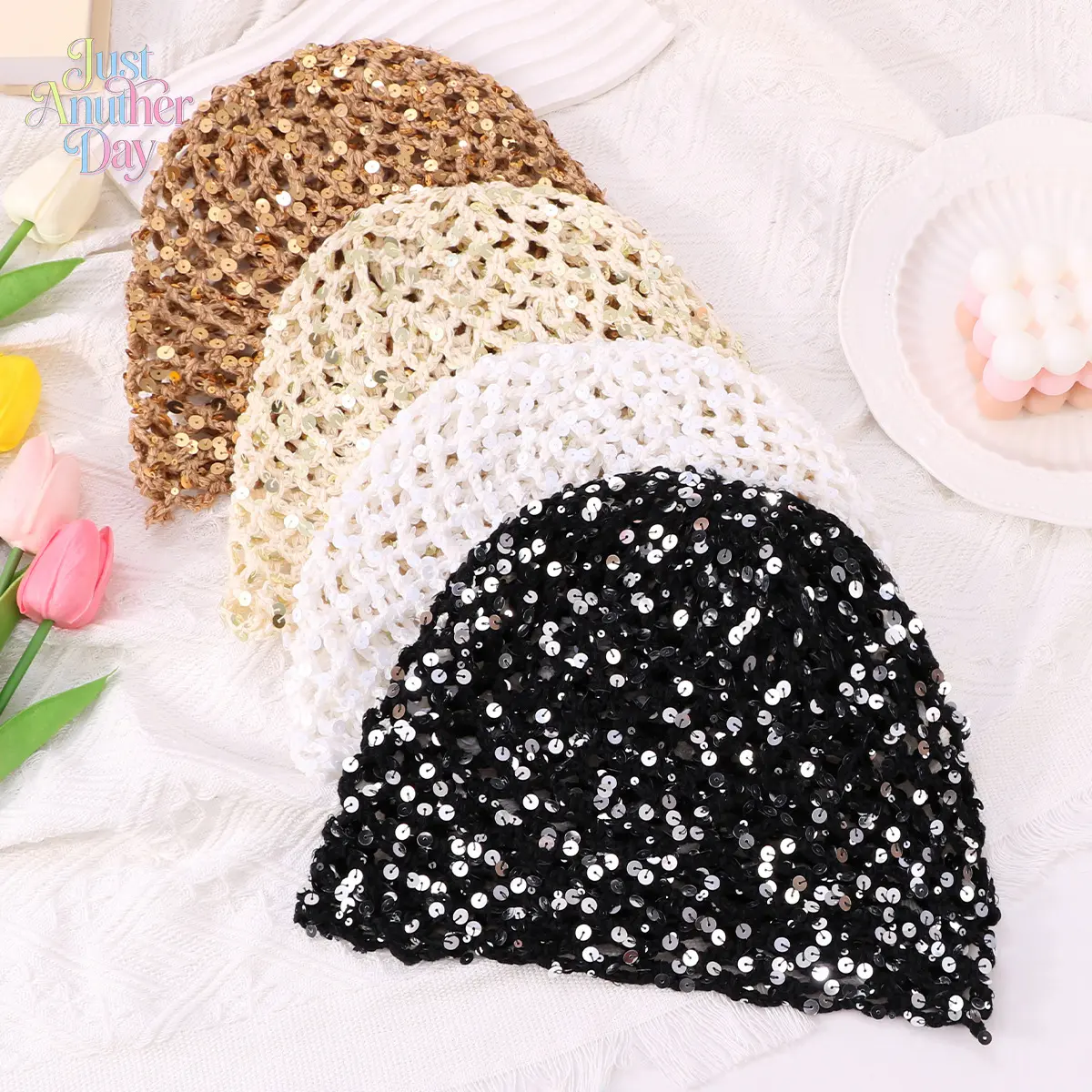 Women's Handmade Sequin Crochet Hats - Hollow-Out Knit Skull Cap, Shiny Sequins, Trendy Mesh Headwear, Ideal for Photoshoots & Daily Fashion Accessory (Sports & Outdoor Camping Hiking Picnic Companion)