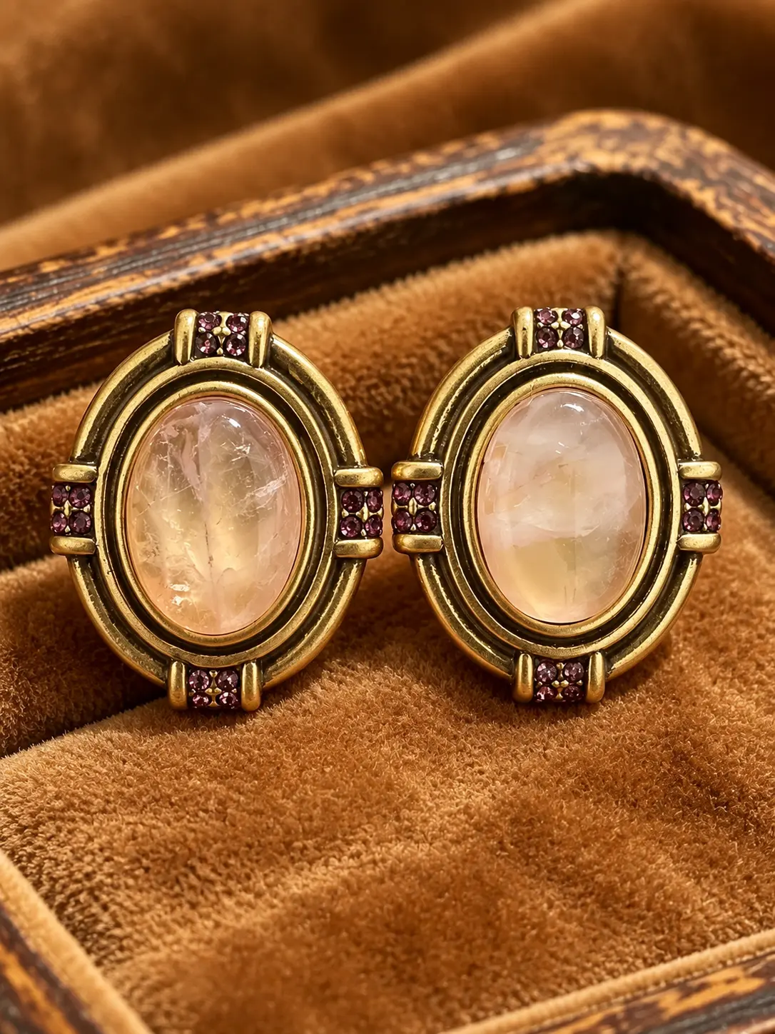 Vintage Pink Oval Gemstone Stud Earrings with Gold-Tone Frame, Hypoallergenic & Lightweight Fashion Jewelry for Women, Elegant Retro Style Party Wear Accessory