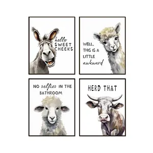 Fun animal wall art prints, inspirational bathroom posters, watercolor-style canvas posters of donkeys, alpacas, sheep, and cows, suitable for bathroom or rustic décor.