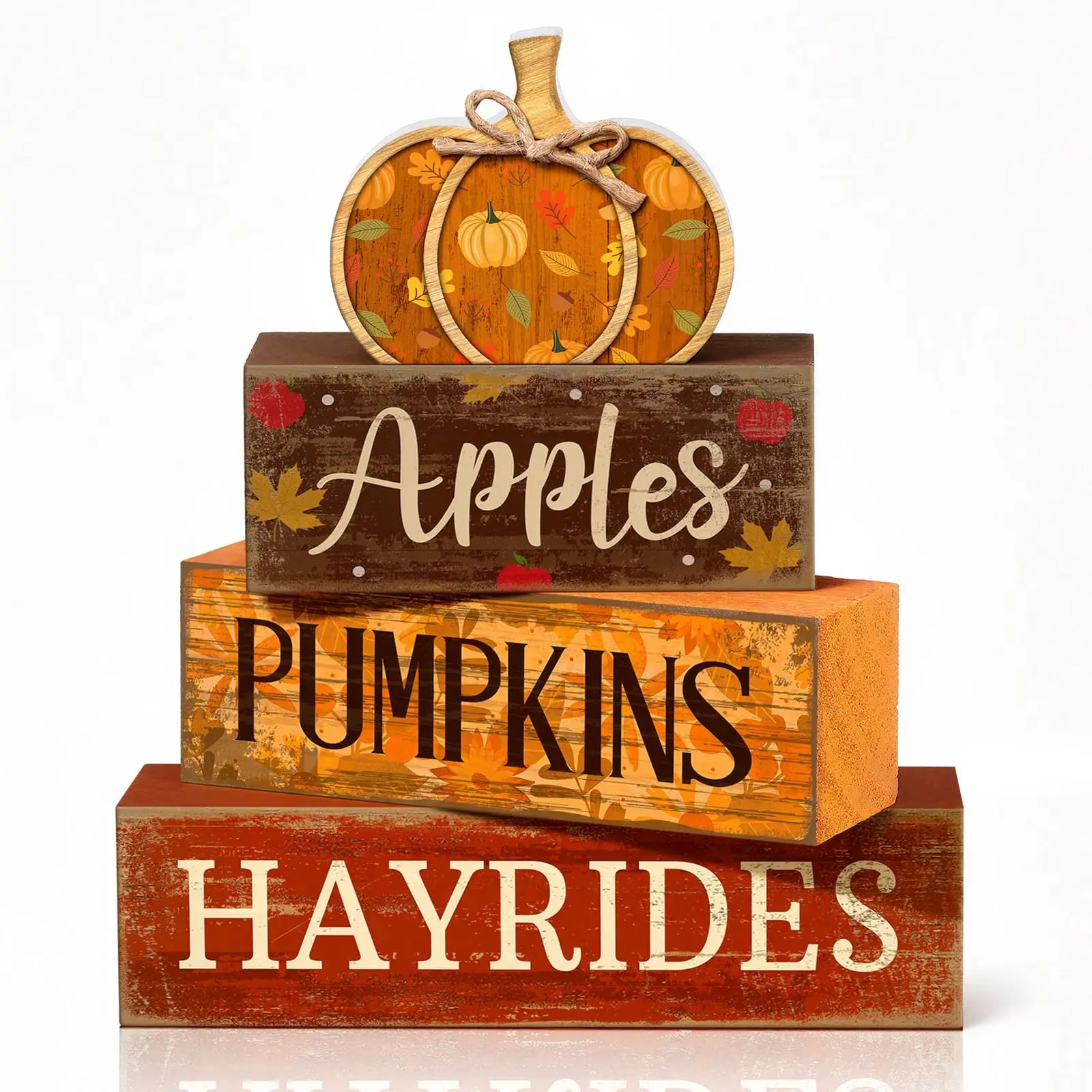 4 Pcs Fall Pumpkin Decor Fall Decorations for Home Wooden Pumpkin Decor Thanksgiving Table Centerpiece Rustic Hay Rides Autumn Stacked Block Signs Farmhouse for Harvest Party Home Kitchen