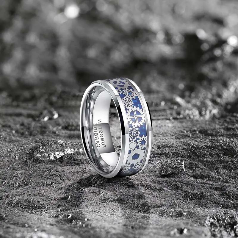 Men’s 8MM Durable Long-Term Wear Tungsten Gear Ring - Blue Carbon Inlay, Beveled Edge, Industrial Chic Heavy-Duty Band, Gear-Mechanic Look, Male Tungsten Wedding Band, Engagement Gift