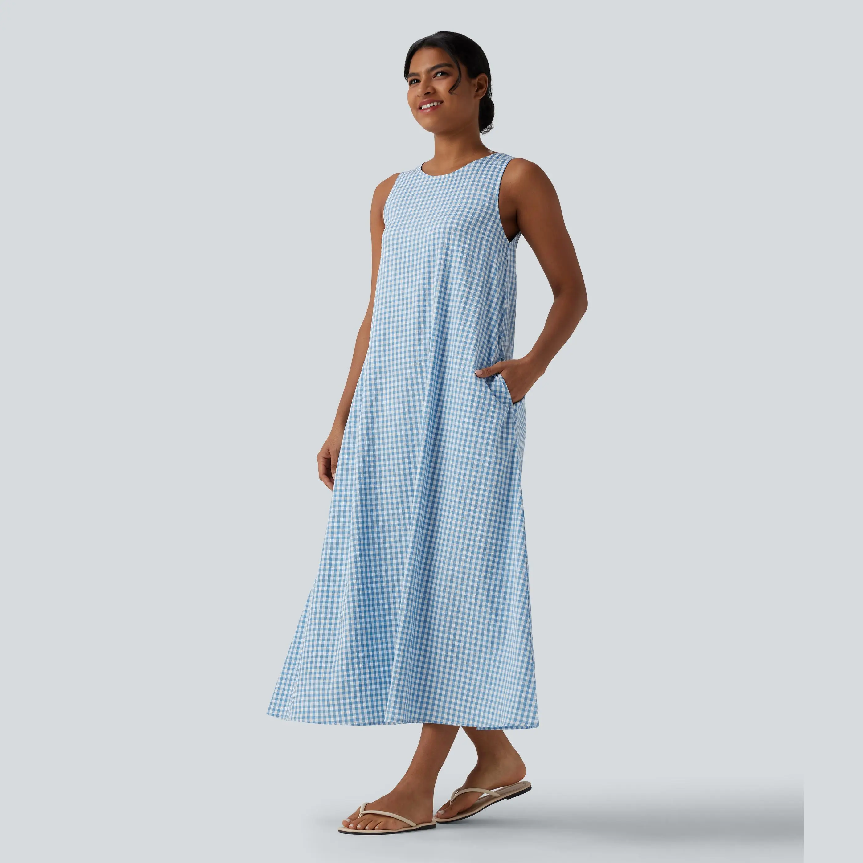 Halara Round Neck Sleeveless Midi Crinkle Gingham Casual Tank Dress with Pockets