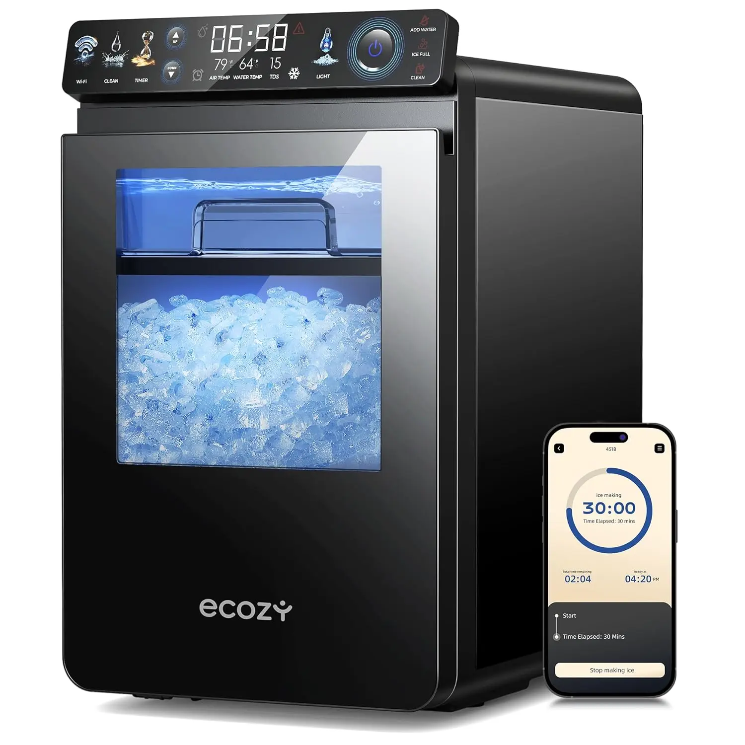<Summer Essentials> ecozy Nugget Ice Maker Countertop, Smart Pebble Ice Machine with APP Control, 44 lbs/24H Soft Pellet Chewable Ice with Self-Cleaning, Stainless Steel homedecor