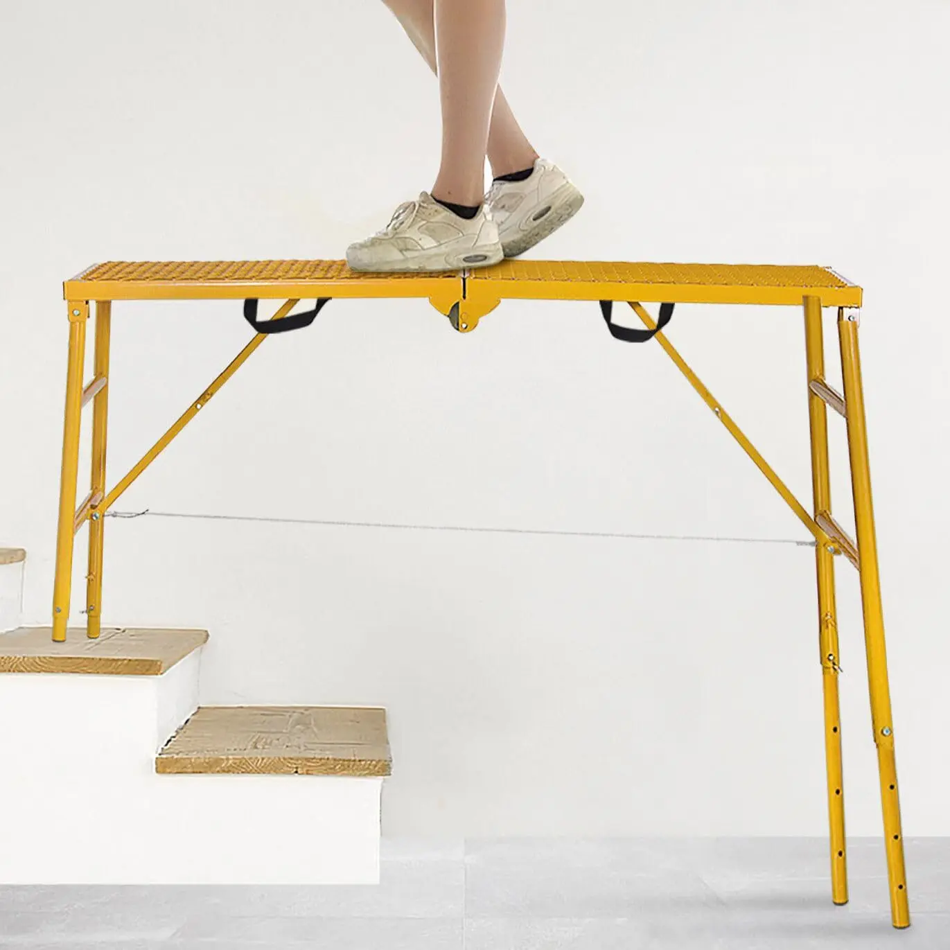 LEADALLWAY Adjustable Yellow Scaffolding Ladder with 70x15x33 Work Platform, for Home Improvement, Building Supplies