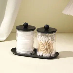 Qtip Holder Dispenser with Tray Bathroom Jar Storage Organization Container Acrylic Apothecary Jars Canisters , Cotton Ball Qtip Holder Bathroom Set with Black Lids for Cotton Swab Halloween Storage, Storage Organizer Multifunctional Storage