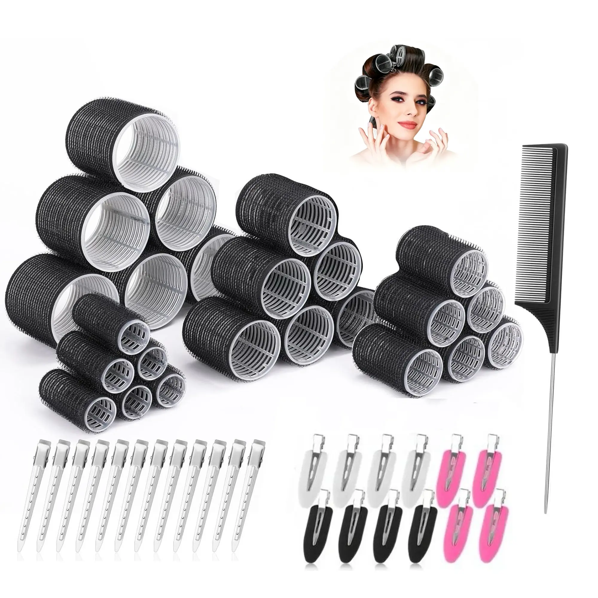 50pcs Hair Roller & Curler Set, Jumbo, Large, Medium & Small Rollers, Self-Gripping Curlers for Long, Medium & Short Hair and Bangs, DIY Hair Curling Tool, Hair Styling Set, Heatless Hair Curler