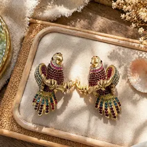 Vintage Colorful Parrot Stud Earrings - Hypoallergenic Brass Alloy with Gold-Tone Finish, Multi-Color Stone Accents for Sensitive Ears, Gift Box Included