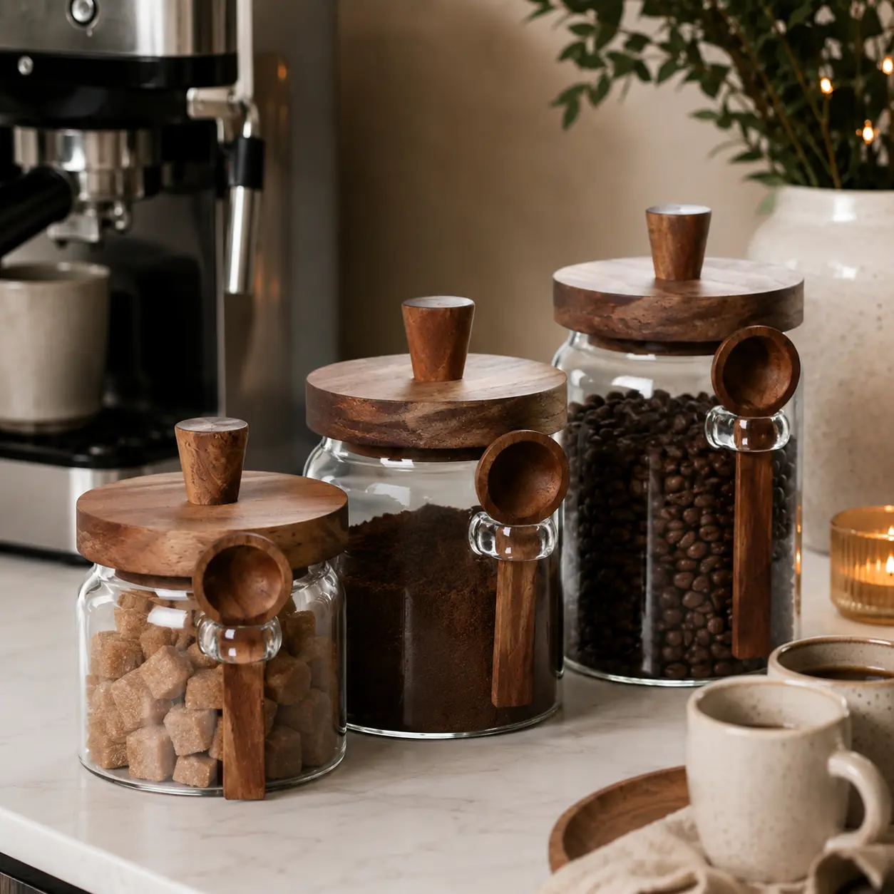 Glass Storage Jar with Wooden Lid & Spoon  400 ml 600 ml or 800 ml
