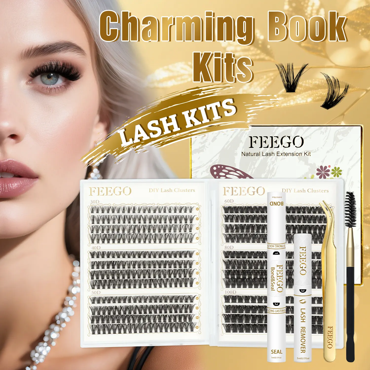 FEEGO 30D-100D Eyelash Extension Kit 456pcs Cluster 10-16mm Lashes Adhesive Remover Tweezers Brush (Charming Book Kits Set) Mixed Length Waterproof wispy volume