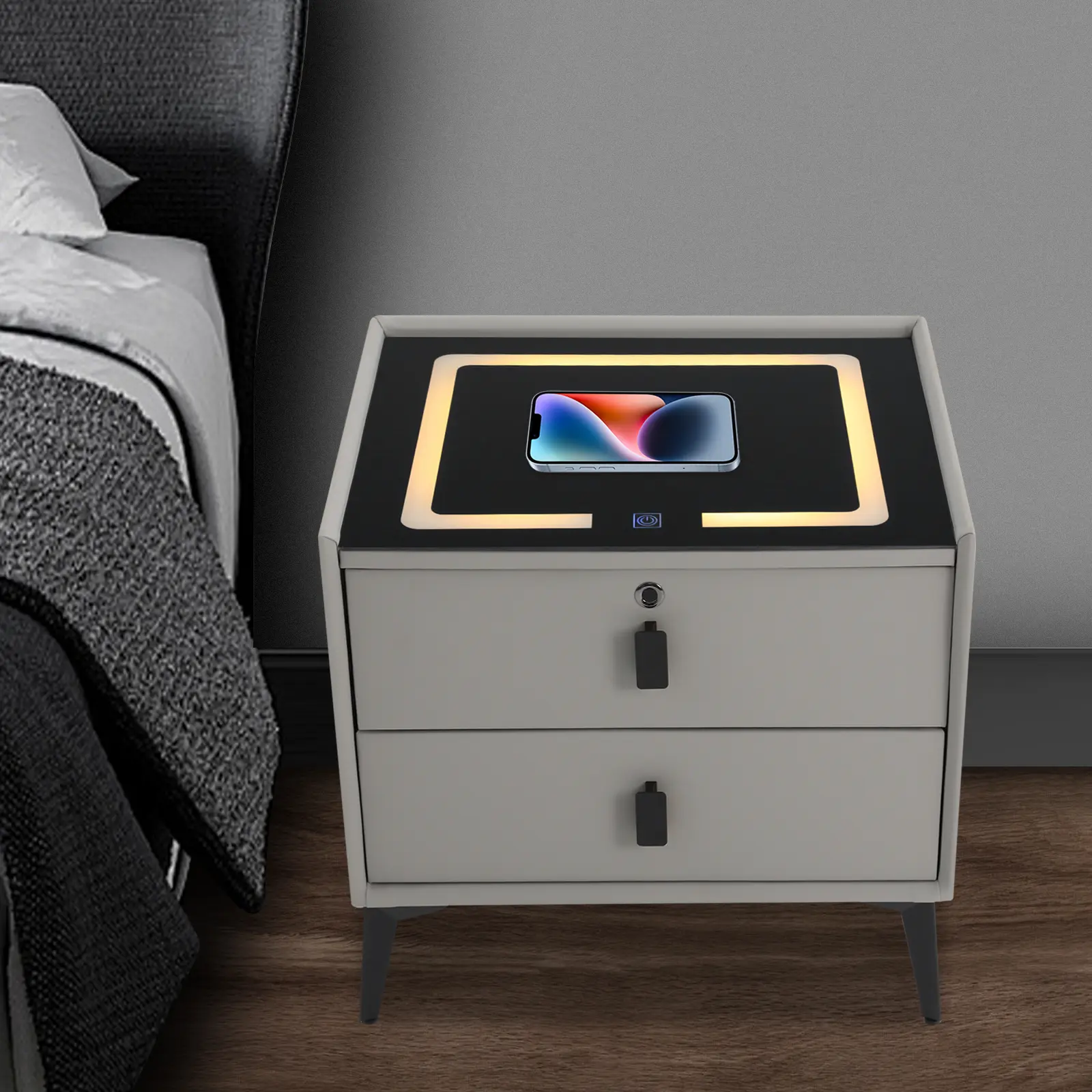 2026 Viral Smart Bedside Cabinet - Wireless Charging+Fingerprint Lock+Bluetooth Speaker 2-Drawer Storage for Dorm/Apartment, Modern Nightstand