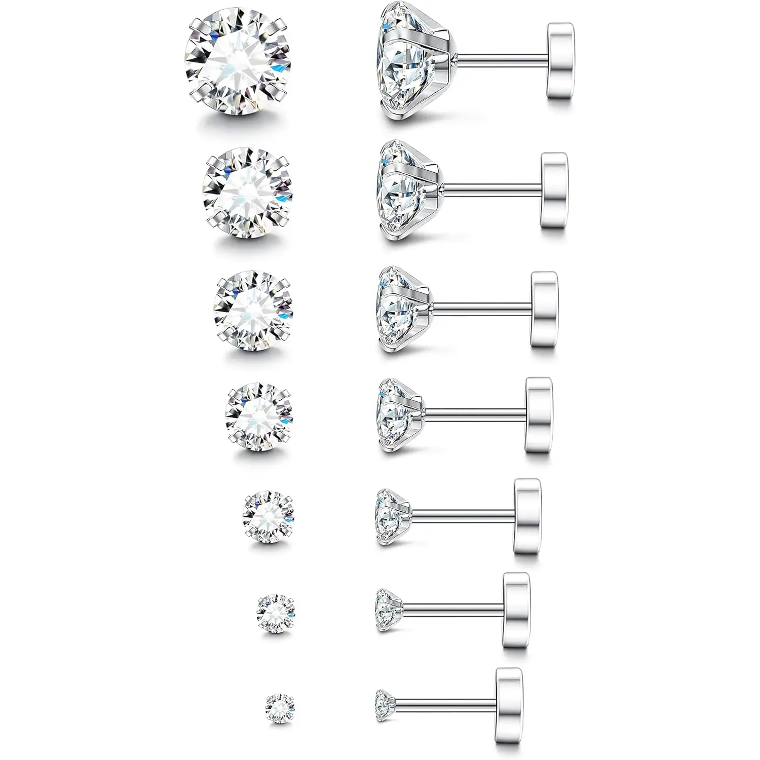 CASSIECA 20G Unisex Hypoallergenic Flat Back Fine Studs - Silver Surgical Stainless Steel Stud Earring Jewelry for Sensitive Ears, Women's Birthstone Cubic Zirconia Silver Earrings
