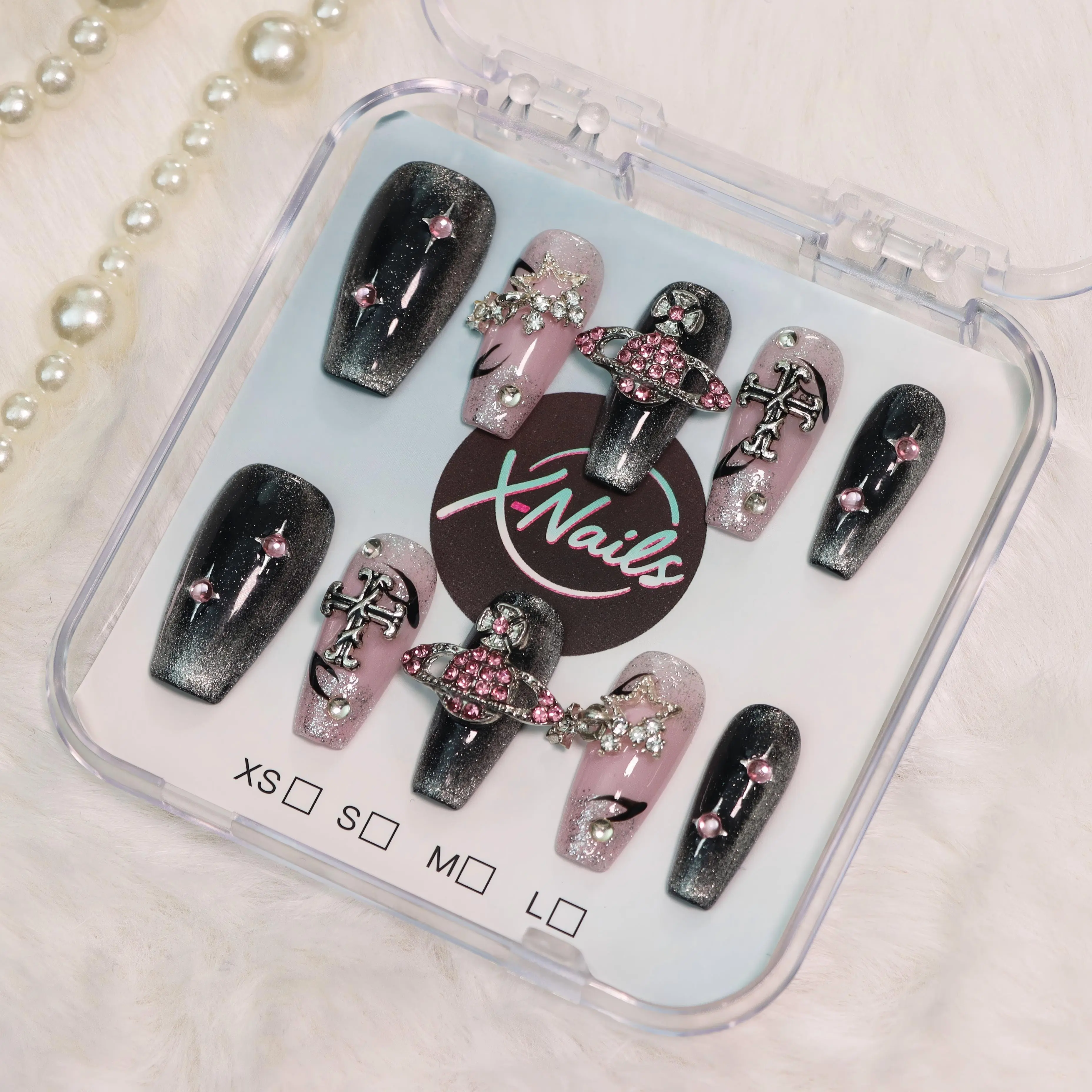 xnails Orbit Press on Nails, 10 PCS Handmade Reusable Coffin Tips with a Glossy Finish, Salon Quality Nail Art Supply Kit, Coffin Nails
