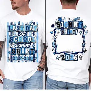 Double-sided Printing Stripes Last Day of School Sign My T-shirt, Kids Autograph Signature Tee, Class of 2026 Graphic T-shirt