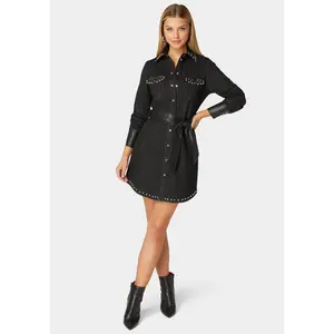 Fitted Combo Vegan Leather Studded Denim Shirt Dress