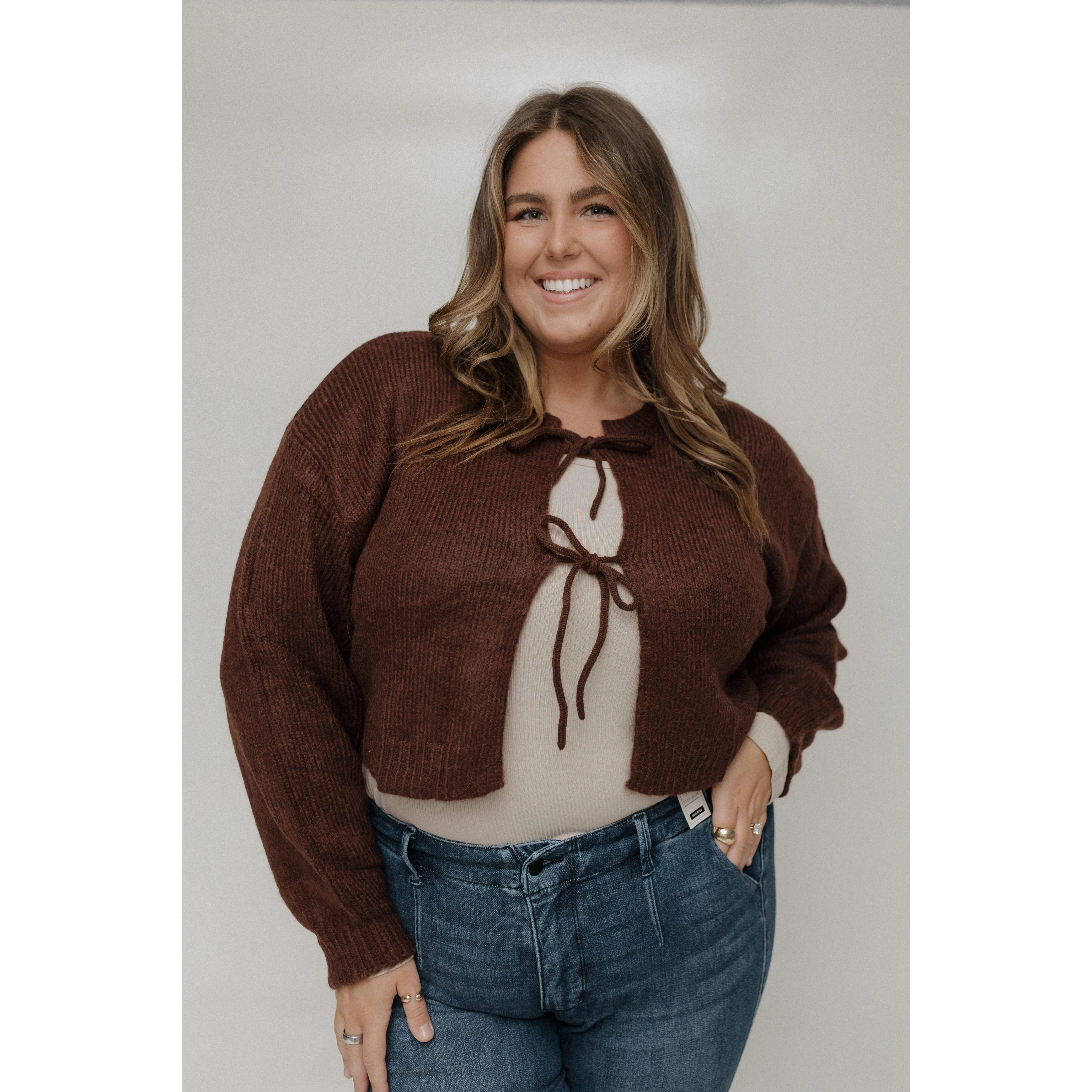 Women's Umber Brown Tie-Front Cropped Cardigan Top - Long Sleeve Nylon-Acrylic Blend Flat Knitwear, Button & Bow Closures, Feminine Blouson Sleeves, Basic Casual Comfortable Fabric, Plus Size (2X,4X) for All Seasons Day Wear, Loose Fit