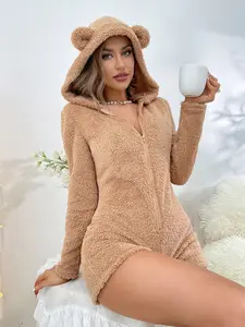 Zip Up 3D Ears Design Hooded Flannel Romper, For Fall Winter