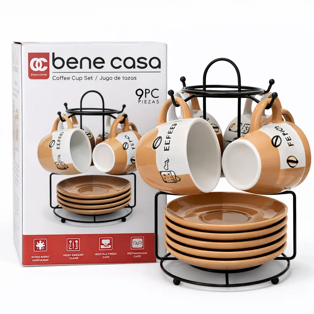 Bene Casa 9-Piece Metal Espresso Set with Organizer Base, Light Brown Espresso Cups, Saucers and Coffee Drinkware