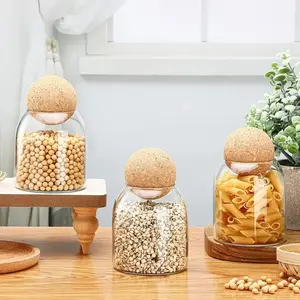 3pcs Glass Jar with Wooden Lid Ball, for Coffee, Tea, Spices, Sugar, Salt, Set Sealed Cork Lid, Round Glass Jar, for Coffee Beans, Nuts Storage, Glass Container
