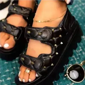 Rivet Velcro Platform Sandals - Brown Leather with Studs & Chunky Sole for Comfortable Wear