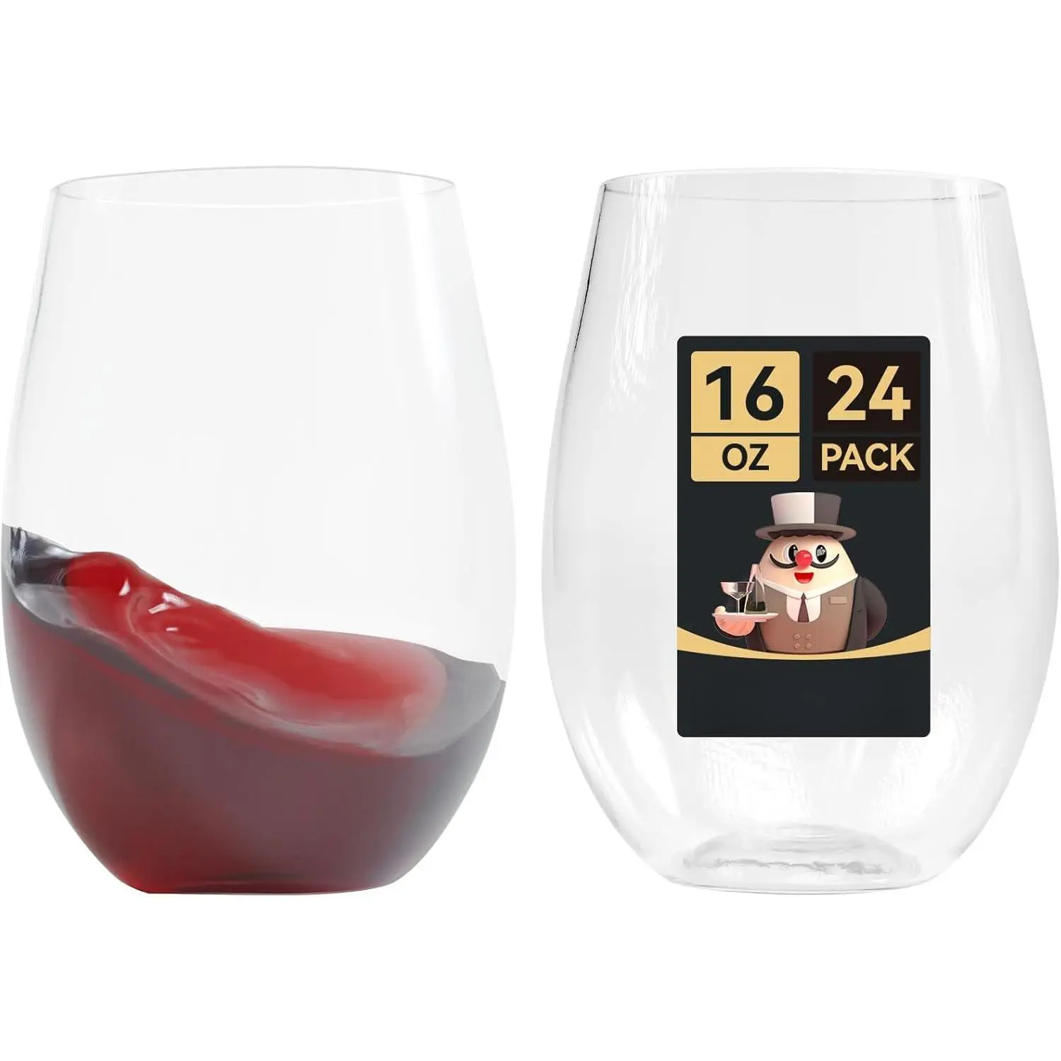 24 Pack 16 Oz Plastic Wine Glasses. Stemless Cups  Disposable Glasses Shatterproof for Party Halloween Christmas
