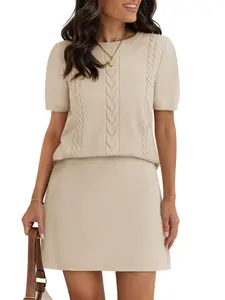 COCCKO 2026 New Arrival Skirt Sets Women 2 Piece Puff Short Sleeve Knit Sweater Casual A Line Crew Neck Spring Summer Flare Mini Dresses