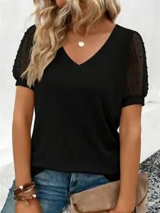 Plus Size Solid Color V-Neck Sheer Puff Sleeve Top Shirt – Casual Loose-Fit Polka Dot Mesh Sleeve Blouse, Trendy Daily Street Style Outfit, Summer Vacation Matching Jeans, Y2K Aesthetic Clothes, Office Work Wear, Fitted