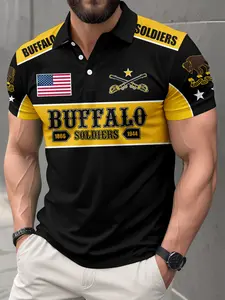 Buffalo Soldier Memorial T-Shirt, Printed American Flag and Cavalry Badge, Veterans Breathable Golf Polo, Patriotic Military Apparel