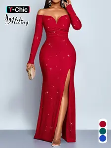 Aliling Christmas Dresses Women's Elegant Long Sleeve Ruffle Dress, Shoulder-Exposed Plain Design, Slim Fit Fall & Winter Fashion, Super Long A-Line Style