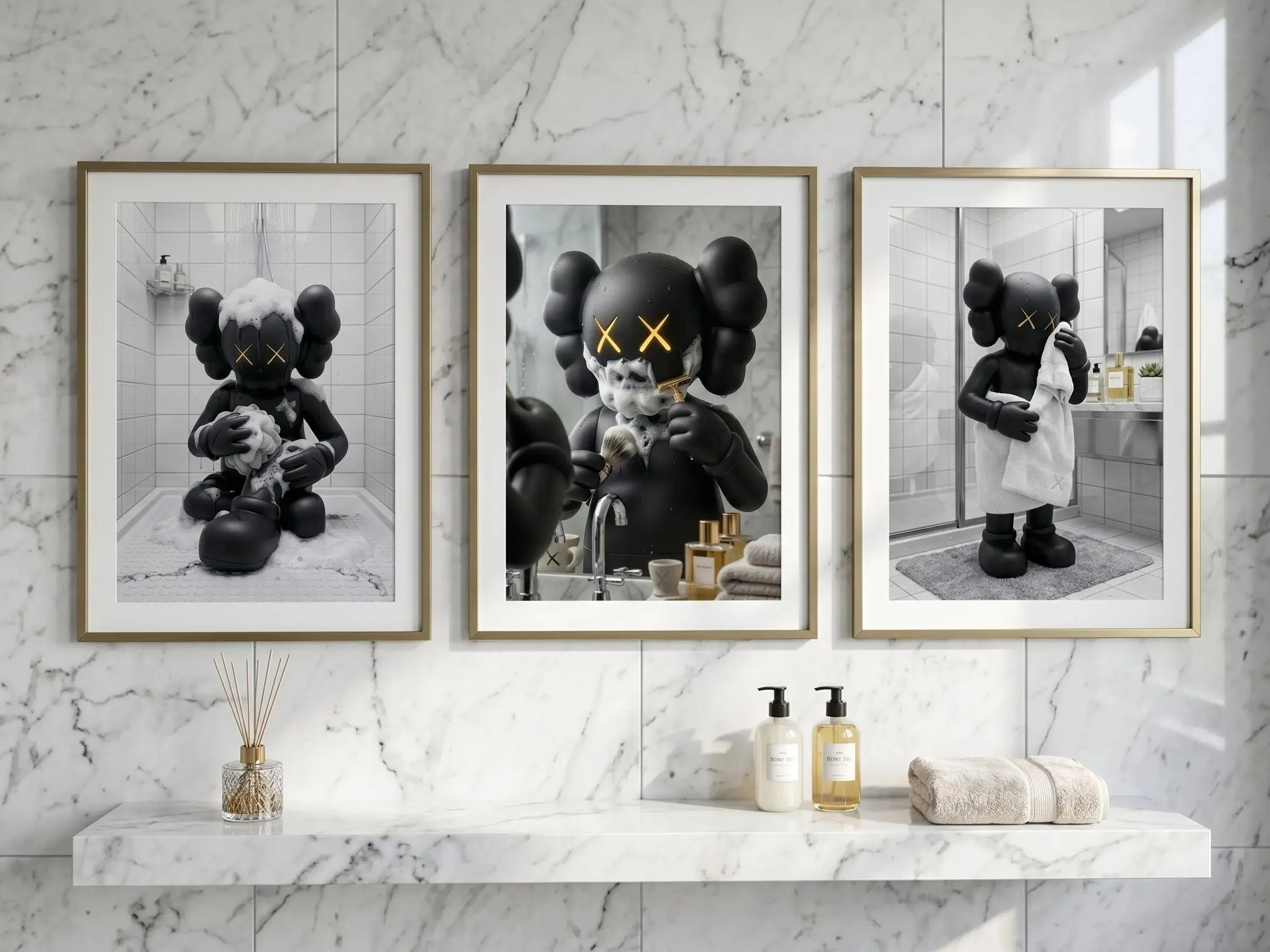 Black Kaws Wall Art Set of 3 - Hypebeast Graffiti Companion Style Poster Prints for Bathroom, Shower, Toilet Home Decor