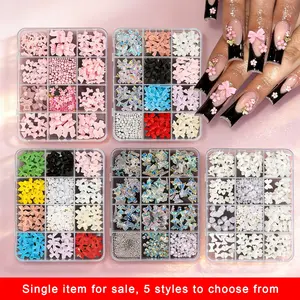 1 Box Pink White Series Bow Heart Nail Charms 3D Arcylic Nail Art Decorations Pearl 5-petal Flower Jewelry Manicure Accessories