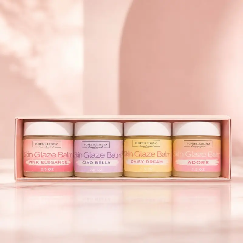 Purellissimo Skin Glaze Balm Set of 4 - Pink Elegance, Ciao Bella, Daisy Dream, Adore - 2.5 oz Each - Moisturizing & Nourishing