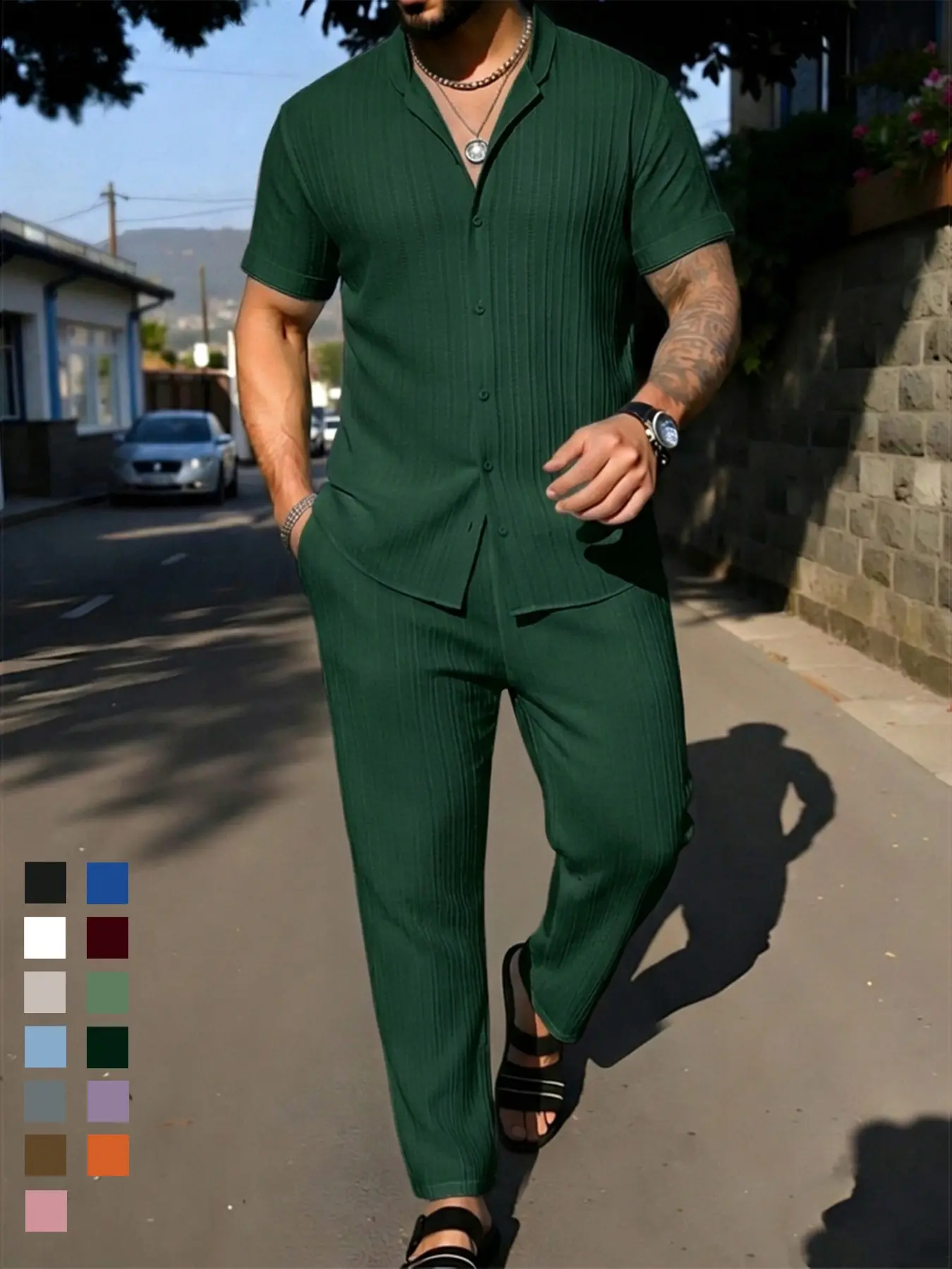 Men's Casual Solid-Color Textured Short-Sleeve Shirt & Elastic-Waist Straight-Leg Pants Set, Comfortable & Breathable Summer Outfit Menswear
