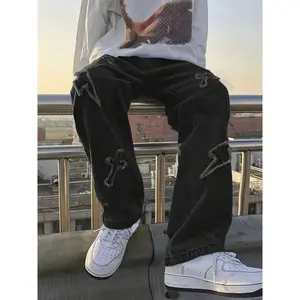 DD Men’s Distressed Lightning Cross Embroidered Black Denim Jeans Casual Menswear Streetwear Pocket